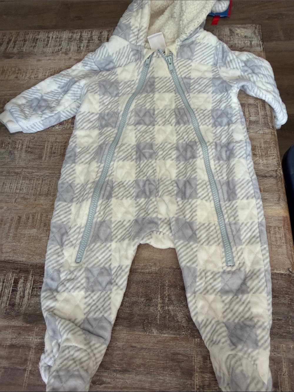 Cozy Gray & White Plaid Fleece Baby One-Piece Romper